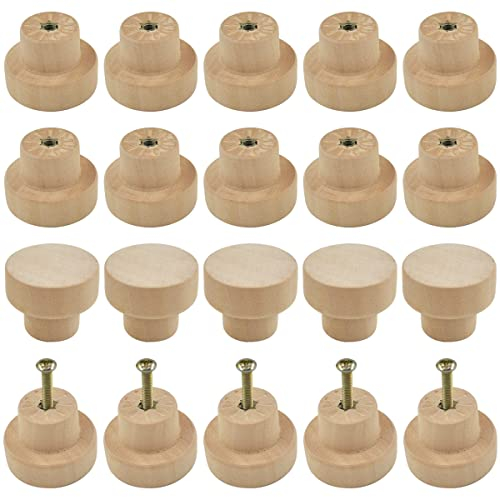 Roellgs20PCS Wooden Knob, 28MM Round Vintage Drawer Knob, Kitchen Cabinet Door Drawer Handle, Wardrobe Furniture Screw Door Handle