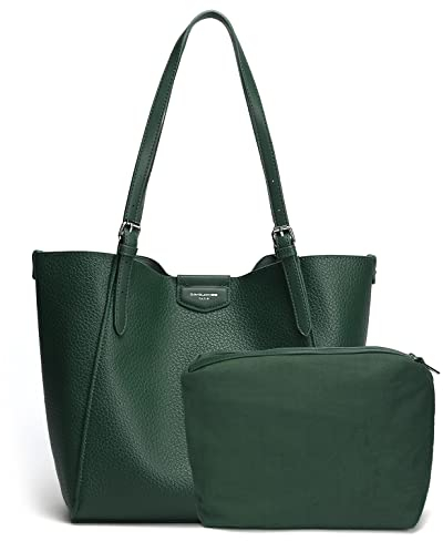 David Jones - Damen Shopper Set 2 Stück - Frau Handtasche Schultertasche PU Leder Lange Henkel - Tote Tasche mit Mäppchen - Große Tragetasche Arbeit Reise Schule Büro Shopping A4 Mode - Grün