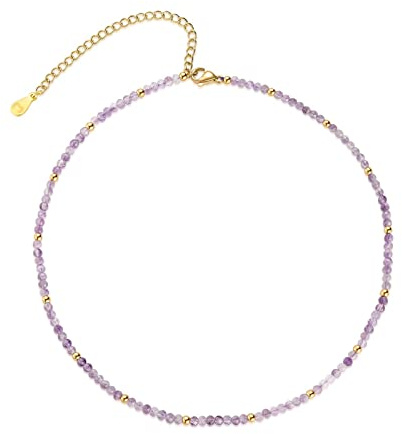 Collana da donna lunga con perline colorate. Collana in acciaio da donna placcato oro o argento. Collane lunghe donna particolari. Gioielli da catenina argento (Ametista viola, Placcato oro)