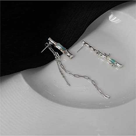DANGI Ohrringe Asymmetrisch Silber,Asymmetrische Silberohrringe Für Frauen, 925Er Silber, Modischer Bambus-Anhänger-Ohrring, Asymmetrische Naturstein-Damenohrringe, Geburtstagsgeschenke Für Sie