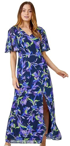 Roman Originals Floral Print Tie Back Maxi Dress for Women UK - Ladies Everyday Holiday Spring Summer V Neckline Comfy Soft Evening Vacation Work Party - Navy - Size 10