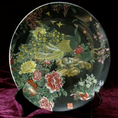 Chinesische Königs-Dynastie, Keramik-Teller, Pfauen-Dekoration, 26 cm