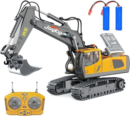 Excavadora de juguete a control remoto de 11 canales de 2.4 GHz RC Vehículo de construcción con pala de metal - Camión de juguetes para niños, rotación de 680°, luces y sonido - Excavadora de tractor