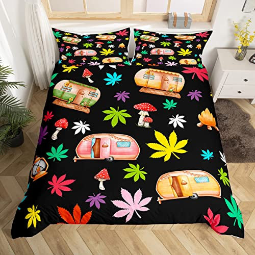 Manfei Glückliche Camping Bettbezug Kinder L Größe Pilz Ahorn Blatt Bettwäsche Sets Kinder Jungen Mädchen Schlafzimmer Dekor, Aquarell Cartoon Camper RV Tröster Abdeckung, 2 Kissenbezug