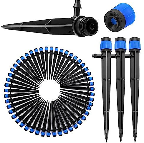 VooGenzek 50 Pezzi Goccia a Irrigazione Regolabile, 360 Gradi Gocciolatore di Emettitore Micro con Barb Connettore & Staffa per Tubo, Teste di Irrigazione da Giardino per Tubo 4/7 mm, Blu