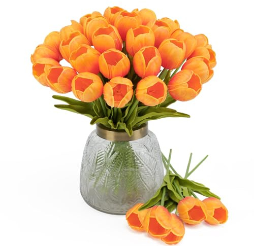 LUWENER 15Pcs Künstliche Tulpen Orange,Latex Tulpen Blumen, Gefälschte tulpen Blumen Orange für Brautsträuße, Haus, Party, Büro, DIY Blumenarrangements