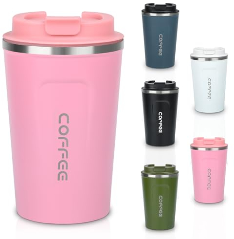 ONLYQIQIU 380ml Coffee Cup Travel Mug for Hot & Cold Drinks, Stainless Steel Insulated Double Walled Thermal Mug with Leakproof Lid, Portable & Reusable Coffee Cups for Travel/Office/School (Pink)