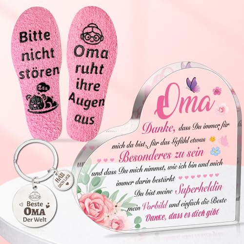 HOWAF Oma Geschenk, Oma Herzförmiges Acryl Heimat Dekoration Gravierter Acrylblock Acrylglas Platte Oma Socken Schlüsselanhänger Oma Geburtstagsgeschenk Muttertagsgeschenk Weihnachten Geschenk