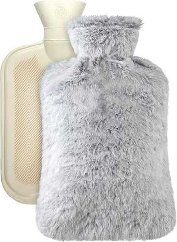 Große Wärmflasche mit Bezug, 2 Liter, Premium-Naturkautschuk-Wärmbeutel, weicher Fleece-Bezug zur Schmerzlinderung, Rücken, Nacken und Schultern & warme gemütliche Nächte (Grau)