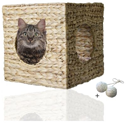 Rohrschneider eckige Katzenhöhle Wandmontage | Wandregal Katze mit Liegeplatz | Katzenhaus aus Wasserhyazinth |Katzenhöhle für Wandmontage| Katzenhaus für Wand als gemütlicher Rückzugsort