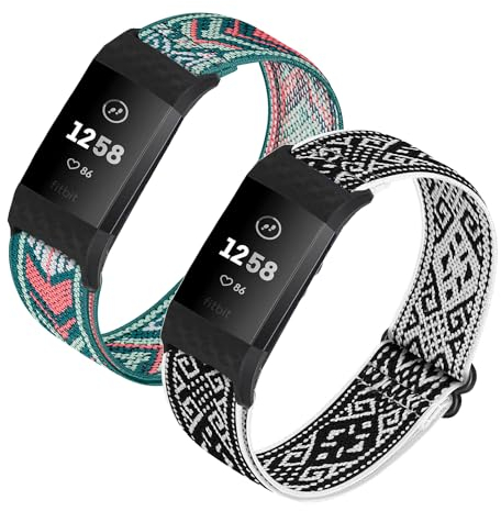 HUYIIO Verstellbares, elastisches Uhrenarmband, kompatibel mit Charge 2 Armbändern, weiches, atmungsaktives Nylon-Sportband, dehnbares Ersatzarmband für Damen und Herren, 2 Stück, Kein Edelstein