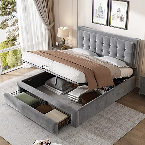 Becag Doppelbett 140x200 Polsterbett mit Schubladen Stauraum, Bett mit Lattenrost, Stauraumbett Rückenlehne Bett Jugendbett, Unterbettstauraum Metall Bettgestelle, Ohne Matratze, Samtstoff Grau