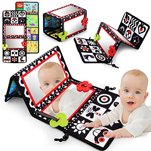 Tummy Time Boden Spiegel mit Teethers, Doppelseitiger Babyspiegel Schwarz und Weiß Hochkontrast Babyspielzeugs, Baby Montessori Spielzeug Kriechen Entwicklung Neugeborene Baby Sensory Spielzeug