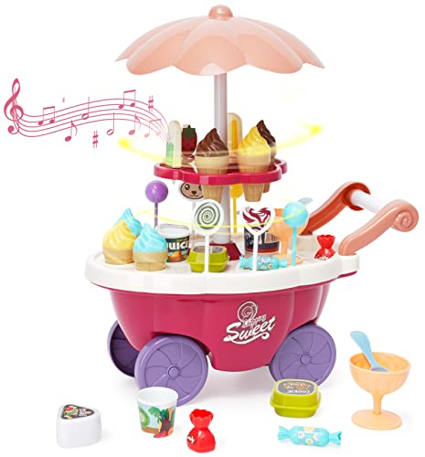 Heladeria Juguete para Niños, Carrito de Helado Juguetes para Niños, Carrito de Dulces con Piruleta de Caramelo, Chocolate, Juego de Roles Juguete Regalo para niños 3+ años
