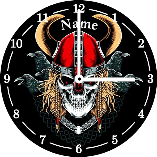 Print Equipment (50.10) Wanduhr Glasuhr Wikinger Helm mit Hörnern - Ø 29cm - gern inklusive Name