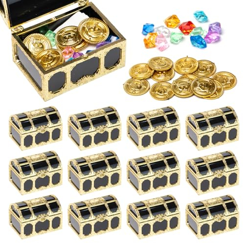 Neikafan 12 Stück Mini Piraten Schatztruhe,12 Edelsteine für Kinder und 12 Goldmünzen Schatzkiste Klein Plastik für Süßigkeiten Spielzeug für Piraten Deko Kindergeburtstag Piratenparty
