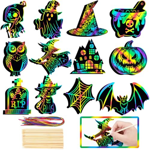 48 Stück Halloween Kratzbilder, Kratzpapier Bastelset, DIY Regenbogen Magie Entwurfspapier, Fledermaus Kürbis Halloween Haunted House Ornamente für Party-Bevorzugungs Feiertags Dekoration