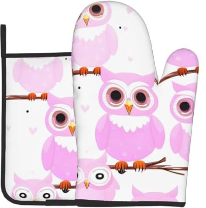 2-teiliges Set mit süßen Eulen – Ofenhandschuhe und Topflappen