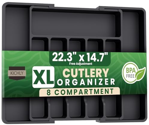 KICHLY Cutlery and Kitchen cutlery drawer organiser Expandable 8 Compartment for Kitchen, Multipurpose Large cutlery Tray and Spoon Holder, Adjustable Silverware Plastic Organizer, (Black)