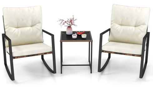 COSTWAY 3-teiliges Gartenmöbel Set, Balkonmöbel mit Kissen, 2 Schaukelstühle und Tisch, Balkonset Polyrattan, Gartengarnitur, Sitzgruppe, Terrassenmöbel für Garten, Balkon, Hinterhof