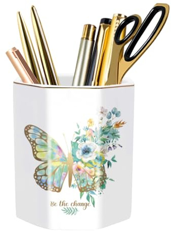 WAVEYU Pencil Pen Holder for Desk, Ceramic Pencil Pen Cup Cute Makeup Brush Holder, Desktop Supplies and Accessories for Women Students, Pen Pencil Caddy for Office Home Art Supply, Butterfly Pattern