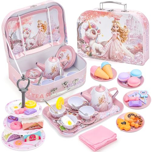 deAO Tea 46 Piece Die-cast Pretend Role Set & Portable Carry Case Party Playset Toy Play Kitchen Accessories for Toddlers Children Girls Red for Christmas