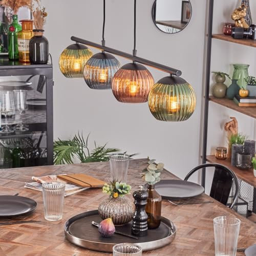 HOFSTEIN Pendelleuchte Koyoto, 4-flammige Hängelampe aus Metall/Riffelglas in Schwarz/Kupfer/Blau/Grün, Hängeleuchte im Retro-Design mit Glasschirmen, max. 104,5 cm, E14, Esszimmer, Wohnzimmer, Küche