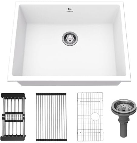 GABETLET Quartz Kitchen Sink, 20 Inch White Undermount Kitchen Sinks, Deep Single Bowl Granite Composite Sink, Modern Sinks Providing Complete Accessories, Spacious Workspace and Easy Cleaning