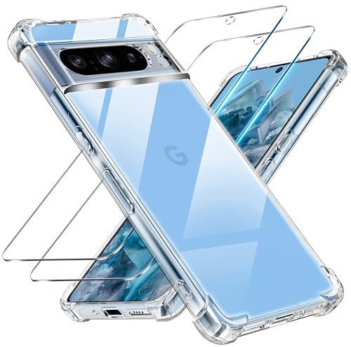 Tentoki 3 en 1 Verre Trempé et Coque pour Google Pixel 8 Pro, [Coussin d'air Intégré] Anti-Jaunissement Souple TPU Bumper Coque Protection pour Pixel 8 Pro, Transparente