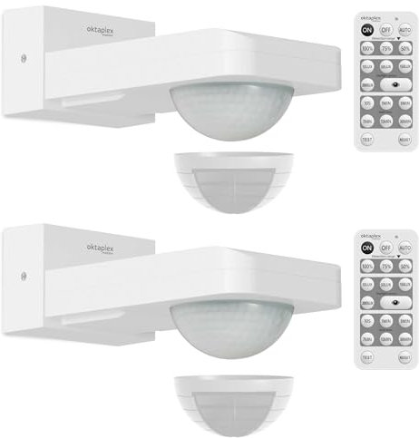 Oktaplex 2er Set Tea schwenkbarer Bewegungsmelder Außen 360 Grad inkl. Fernbedienung Bewegungssensor IP65 9m Reichweite 230V Bewegungssensor Weiss