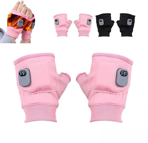 nnOuOnn Battery Heated Fingerless Gloves Rechargeable for Men Women 2025 New, Electric Portable USB Heating Half-finger Glove 3 Levels, Winter Gloves Gift Touchscreen Outdoor Bike Sports (Pink)