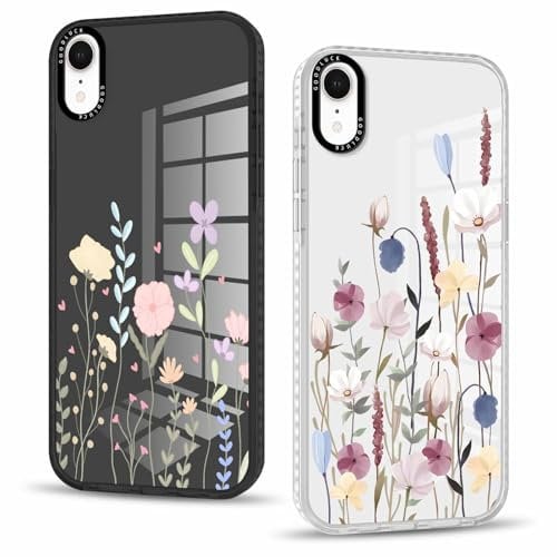 Phoona 2 packs Phone Case for iPhone XR 6,1'', Flower Pattern with Cute Clear Transparent Aesthetics Design Cover, Soft Shockproof Protective Bumper Slim Funda for Women Girls, 14