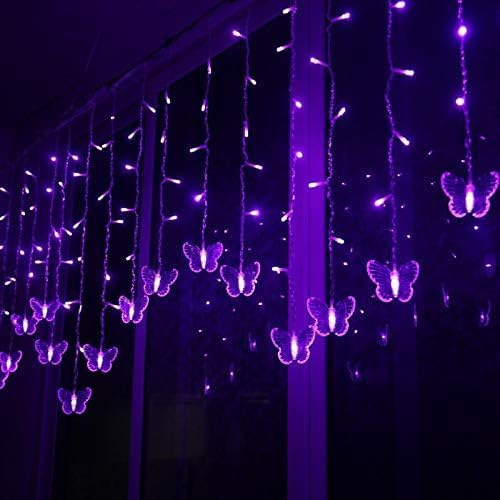 SUAVER 96LED Lichtervorhang 16pcs Schmetterling Vorhang Lichterkette,3.5m Glühwürmchen Twinkle Starlight 8 Modi Fernbedienung Timer verstellbare Helligkeit Deko (Lila, USB)