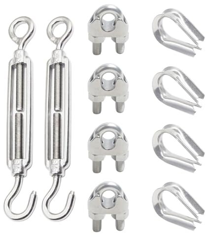 Alrens 10Stk Seilspanner Spannschloss m8 Drahtspanner Set mit Drahtseilklemme und Drahtseil Kauschen Verstellbare Seilspanner 8mm Drahtseil Spanner für Seil Garten Segeltuch Markisen Zaunspanner
