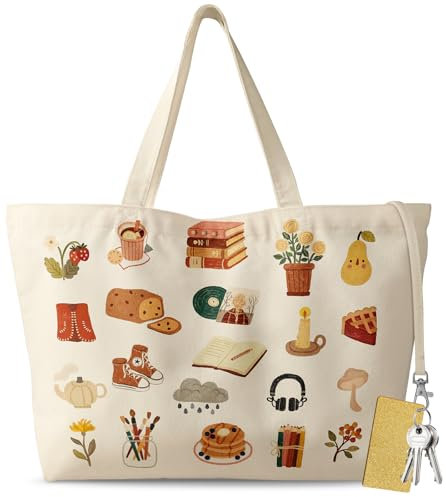 Miss Adola Große Tragetasche für Damen – Ästhetische, niedliche große Canvas-Taschen mit Reißverschluss, Baumwoll-Schultertasche für Fitnessstudio, Reisen, Arbeit, Tea Time, Einheitsgröße