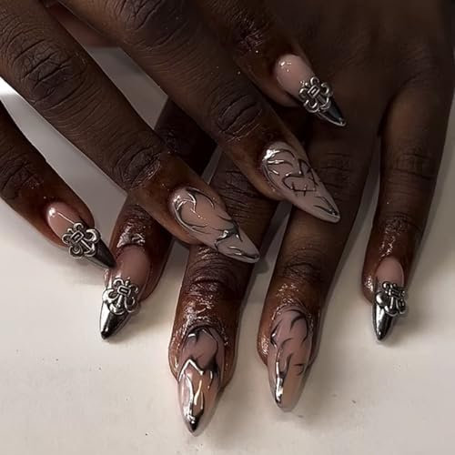 24pcs Medium Almond Press on Nails French Tip False Nails Silver Fireflame Fake Nails 3D Metallic Stick on Nails Removable Glue-on Acrylic Nail Tips Gothic Accessories for Women