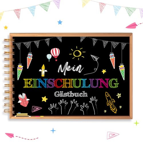 LOHAME Mein Einschulung Gästebuch Tafel 24 x 17 cm Schulanfang Erinnerung Album Hochzeit Erinnerungsbuch Schultafel Einschulung Geschenk für Mädchen Jungen Kinder Erster Schultag (60 Seiten)