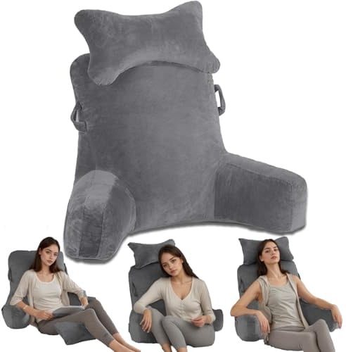 Exquilnova Lesekissen für Bett, 90 x 80cm(LxH) XXL Rückenkissen Sofa für Erwachsene mit Armlehne und Abnehmbarer Nackenrolle, Rückenlehne zum Lesen mit Tasche für Bett, Couch, Boden und Stuhl