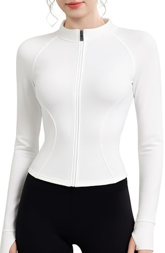 Sportjacke Damen Laufjacke Sport T-Shirt Gym Top Oberteil Jacke Yoga Langarm Weiß Trainingsjacke Winter Fitness Sportshirt Sweatjacke Reissverschluss Laufshirt mit Daumenloch XS