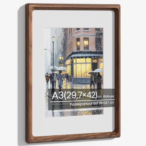 Feihorrm A3 Bilderrahmen, Natürliches Walnussholz Fotorahmen mit Glas | Handgefertigte Abgerundete Ecke A3(29,7x42) cm Holzrahmen Mattiert auf 20x28,7 cm Fotos für Poster Wandkunstrahmen