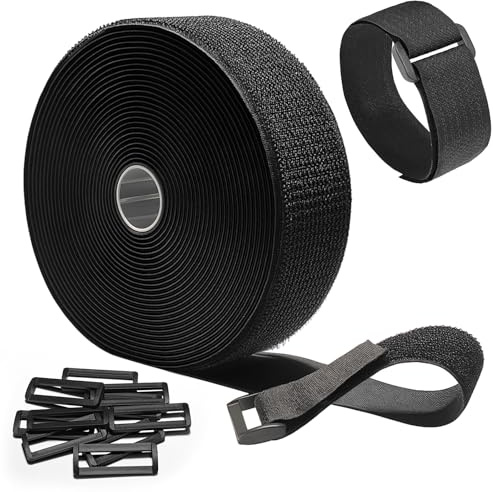 GUIGA 5 cm x 10 m Kabelbinder, wiederverwendbar, Nylon, Rolle mit Klettverschluss für Kabelaufbewahrung (mit 10 Schnallen), frei zu schneiden, Rolle für zu Hause und im Büro (schwarz)