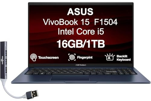 ASUS Vivobook 15 F1504VA - Laptop de negocios con pantalla táctil IPS FHD de 15.6 pulgadas (Intel i7-1355U, 16GB DDR4, 1TB SSD, Intel Iris Xe, retroiluminado KB, WiFi 6E, cámara web, Win 11 Pro) con