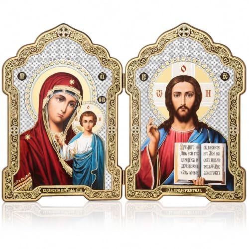 Generisch misticSparks Ikonen-Diptychon aus Holz, aufklappbar wie ein Buch – Gottesmutter von Kasan & Jesus Christus Pantokrator – christliche Ikone 13 x 18 cm für Hausaltar, Reise & Geschenk