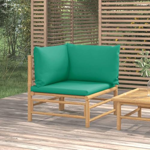 Ziaphsol Garten-Ecksofa Bambus Natur mit Grünen Kissen, Modulares Outdoor Loungesofa, 69x69x65 cm, Robustes Terrassenmöbel Set für Balkon, Patio und Gartenbereich