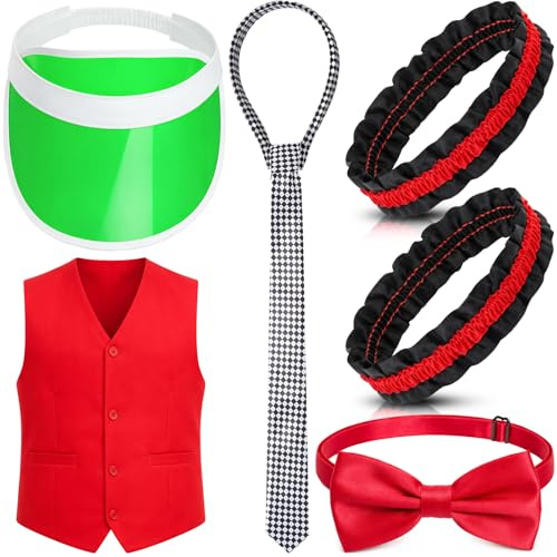 Eurzom 5 Pcs Casino Dealer Vest Costume Set Includes Poker Visor, Bow Tie, Vest, Armband, Poker Card Tie for Las Vegas Game Night