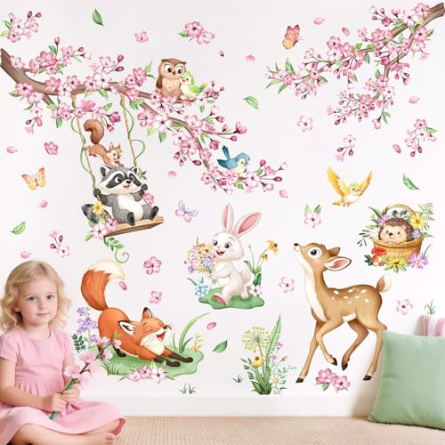 Tanlaby Stickers Muraux Fleurs Cerisier Autocollant Mural Animaux des Bois | Rose Floral Branche Arbre Décoration Murale Bébé Fille Chambre Enfants Pépinière