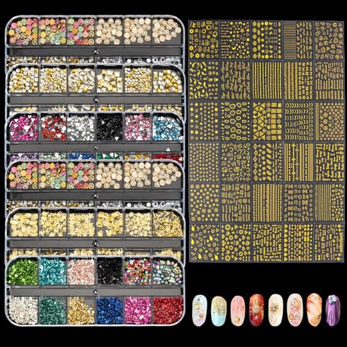 Zouwel Nail Charms, Nails Rhinestones With 60 Sheets Gold Nail Art Stickers, 6 Boxes Of Nails Art Tools Pearls Jewels Gems Bedazzling Kit for DIY Crafting