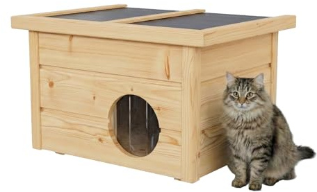 QLS Katzenhaus Outdoor 40×50×37 cm aus Holz mit klappbarem Dach, 2 cm Styropor, wetterfest & Winterfest, Kälteschutz-Vorhang (Eiche)