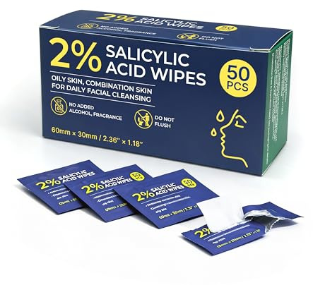 T&K 2% Salicylic Acid Wipes, Individually Wrapped Exfoliating Face Wipes for Oily & Combination Skin, Unclogs Pores, Reduces Acne, No Alcohol or Fragrance, 50 Count