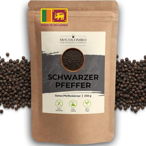 MrCOLOMBO Schwarzer Pfeffer ganz 250 g | ganze Pfefferkörner aus Sri Lanka, Direkthandel vom Kleinbauern | für Pfeffermühle & Mörser | naturbelassen, ohne Zusatzstoffe | für Steak, Fisch & Sud